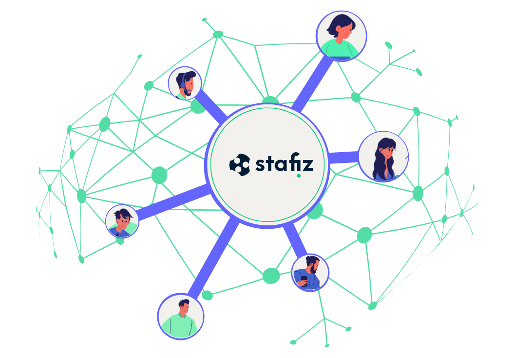 Illustration du réseau de partenaires autour de Stafiz, connecté à différents profils via un écosystème digital collaboratif.