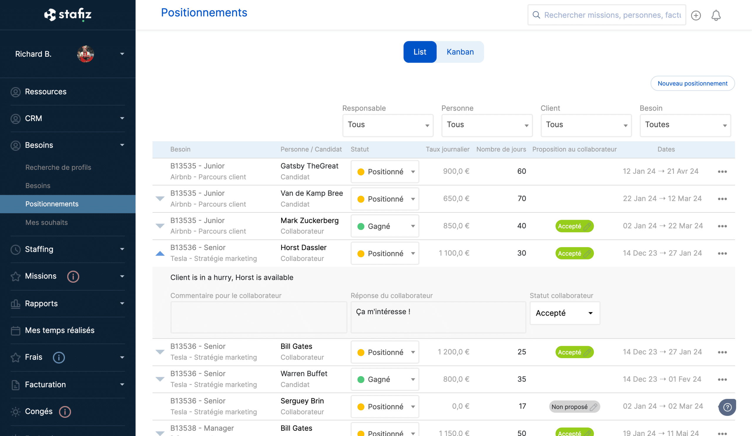 PSA Stafiz software: sourcing and capacity planning view by consultant