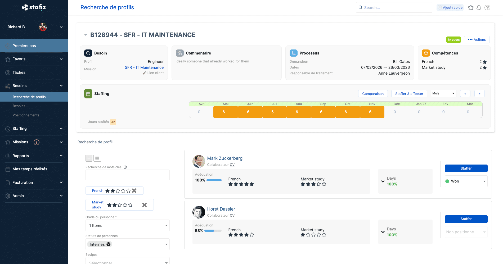 Le moteur de recherche de profil du logiciel PSA Stafiz vous la s&eacute;lection de profils la plus pertinentes (disponibilit&eacute;s, comp&eacute;tences, app&eacute;tences)
