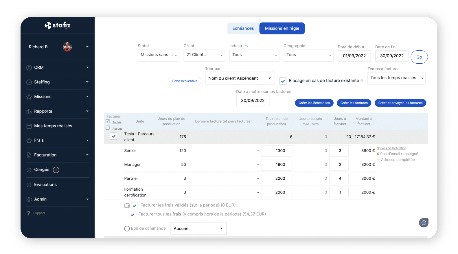 Invoicing of a time-based assignment in a PSA software